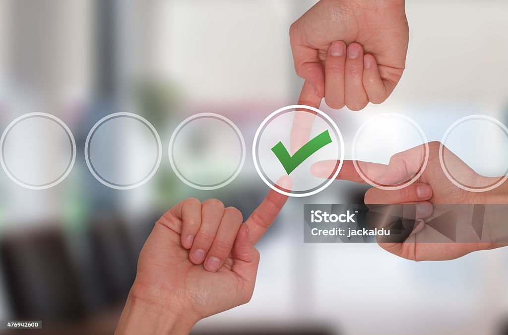 Hand Checking Work Place Team Work Hands Touching Check Mark On Virtual Screen Stock Photo ...