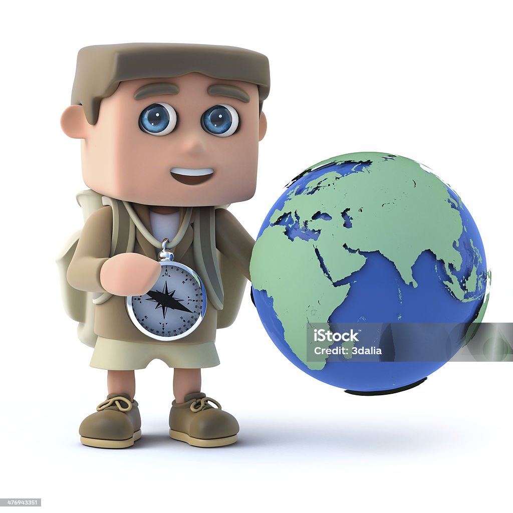 3d Hiker kid studies the globe 3d render of a hiker looking at a globe Adventure Stock Photo