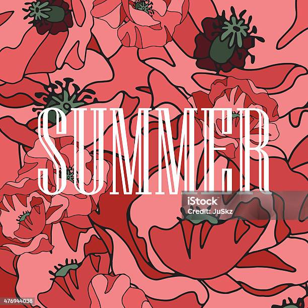 Background Of Red Poppies With The Word Summer Stock Illustration - Download Image Now - 2015, Agricultural Field, Backgrounds