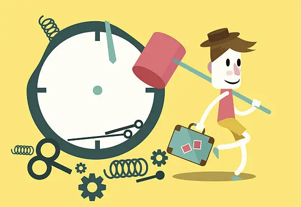 Vector illustration of Businessman hitting clock with mallet and going on vacation.