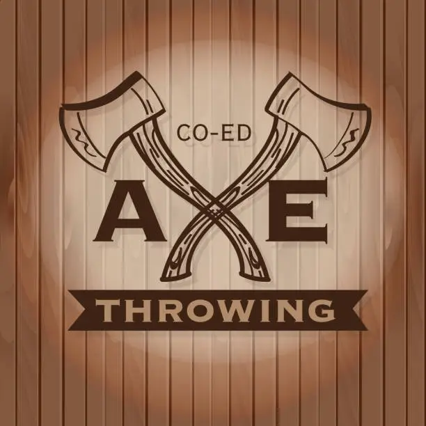 Vector illustration of Wood Co-ed Axe Throwing label crest or badge design