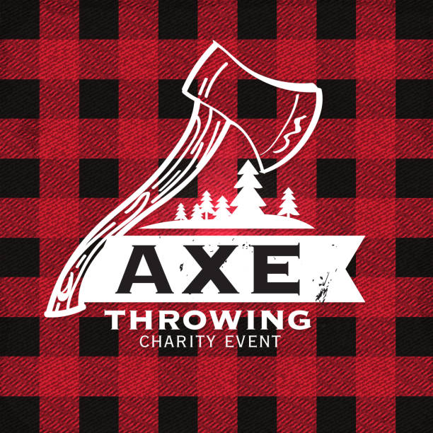 Red and black Axe Throwing label Vector illustration of a set of Axe Throwing label or badge design templates. Design includes red and black flannel material color palette with worn textures. Includes rustic axes, sample text, mountainscape, and natural elements. Perfect for Axe throwing celebration, lumberjack, hipster or male party themes. Layers for easy editing. axe throwing stock illustrations