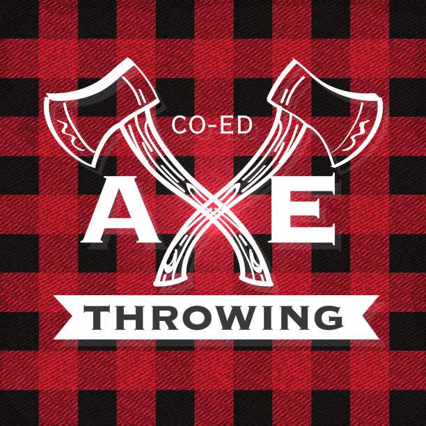 Red and black Axe Throwing label Vector illustration of a set of Axe Throwing label or badge design templates. Design includes red and black color palette with worn textures. Includes rustic axes, design, sample text, ribbon, and natural elements. Perfect for Axe throwing celebration, lumberjack, hipster or male party themes. Layers for easy editing. axe throwing stock illustrations