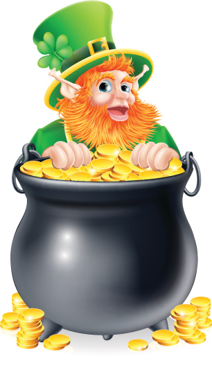 An illustration of a St Patricks day leprechaun with a pot of gold