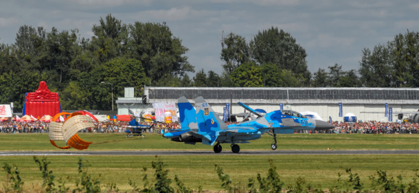 Radom, Poland - August 25, 2013: Ukrainian SU-27 display during Radom Air Show 2013 event