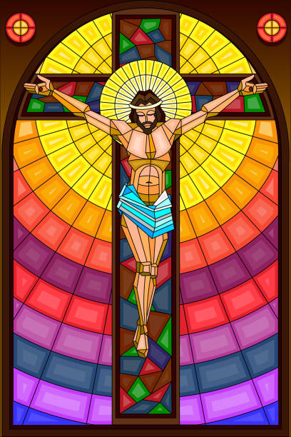 ilustrações de stock, clip art, desenhos animados e ícones de vitral pintura de crucifixion - stained glass jesus christ glass church