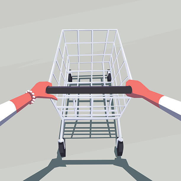 stockillustraties, clipart, cartoons en iconen met female hands pushing empty shopping cart - personal perspective or pov