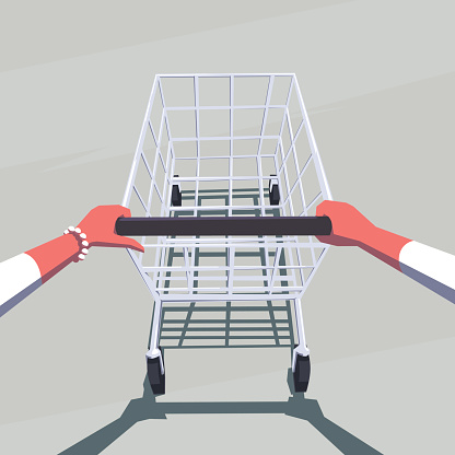 Female hands pushing empty shopping cart. Retro style illustration. Personal point of view. Layered file.