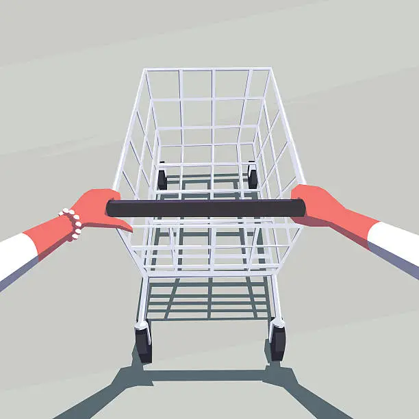 Vector illustration of Female hands pushing empty shopping cart