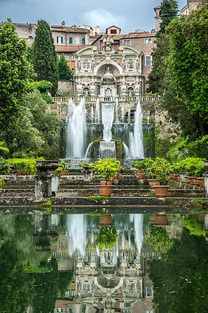 The magnificent fountains of the Villa d'Este in Tivoli, Italy. Commissioned by Cardinal Ippolito II d'Este, son of Alfonso I d'Este and Lucrezia Borgia and grandson of Pope Alexander VI.  The Villa's architectural elements and water features had an enormous influence on European landscape design.