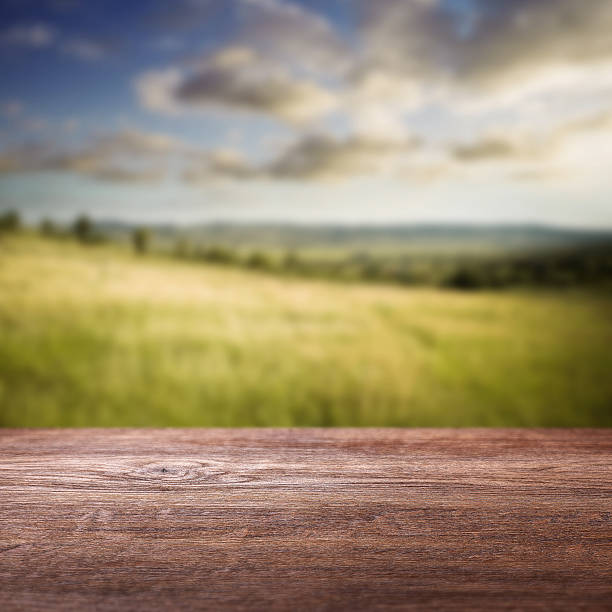 летний фон.   деревянный пол текстуру и не в фокусе летний пейзаж. - composition selective focus wheat field стоковые фото и изображения