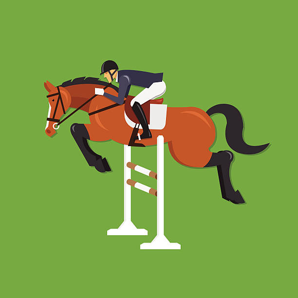 ilustraciones, imágenes clip art, dibujos animados e iconos de stock de saltos de caballo de equitación valla, deportes - green background color image people animal