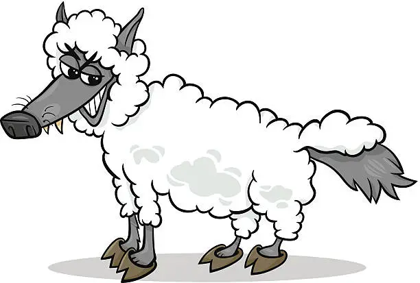 Vector illustration of wolf in sheeps clothing cartoon