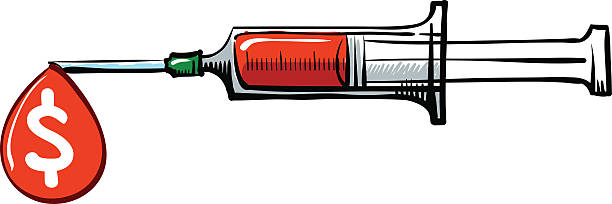 Syringe with drop Syringe and drop of blood with dollar sign surgical needle stock illustrations