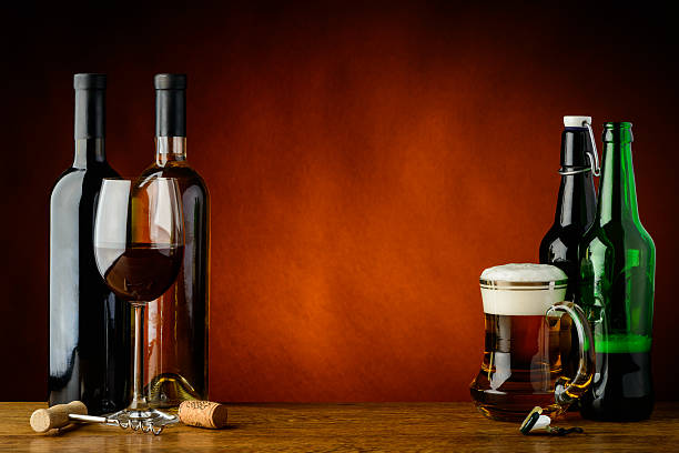 Beer and wine still life with beer and wine and text copy space beer bottle photos stock pictures, royalty-free photos & images