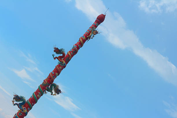 istock Twin Dragon on red pole on blue background. 476962038