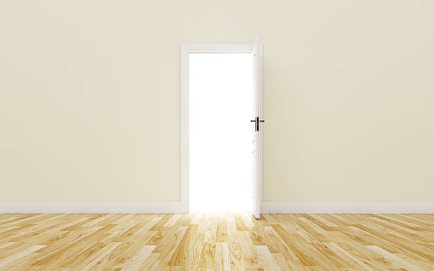istock Opened White Door on brown Wall, Wood Floor 476964320