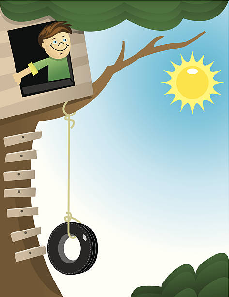 мальчик treehouse c - tire swing stock illustrations
