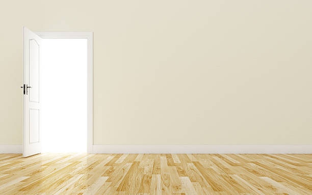 istock Opened White Door on brown Wall, Wood Floor 476964416