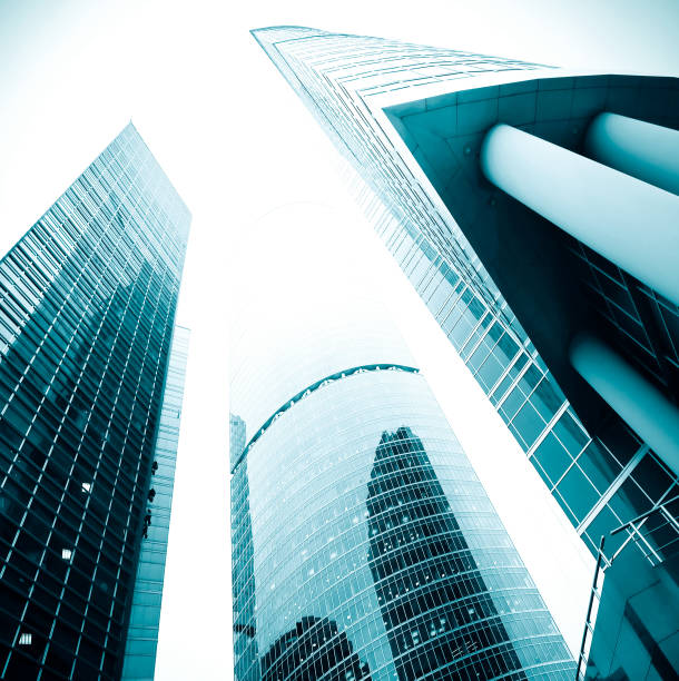 istock office buildings in the morning, wide angle view 476976759