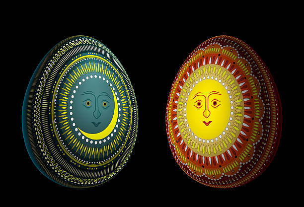 Eggs with solar and lunar ornaments stock photo