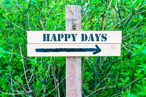 HAPPY DAYS written on Directional wooden sign with arrow pointing to the right against green leaves background. Concept image with available copy space