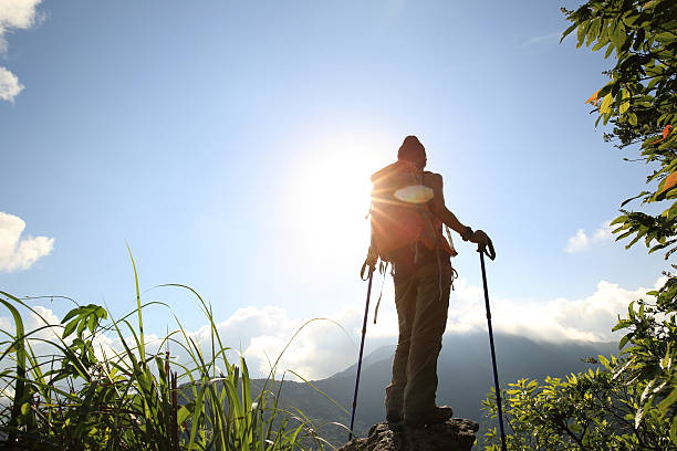 istock cheering woman hiker enjoy the view at mountain peak cliff 476982110