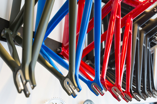 Hanging bicycle frames in a Japanese bicycle shop
