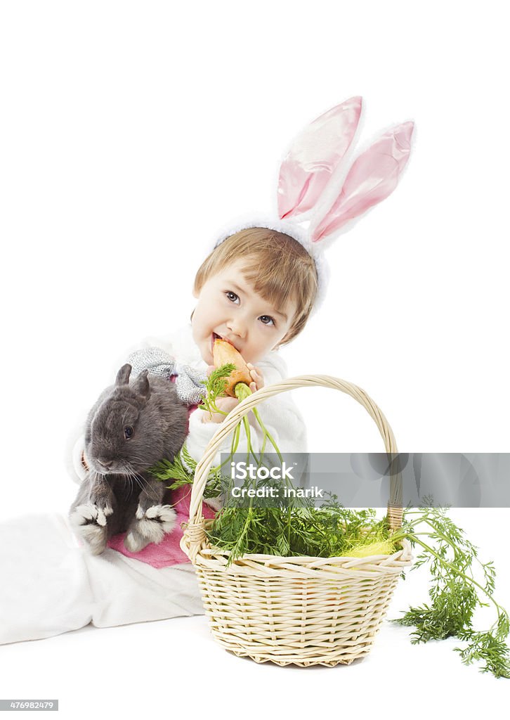 baby easter bunny costume eating carrot, kid girl rabbit baby in easter bunny costume eating fresh carrot, kid girl holding hare rabbit over white background. Animal Stock Photo