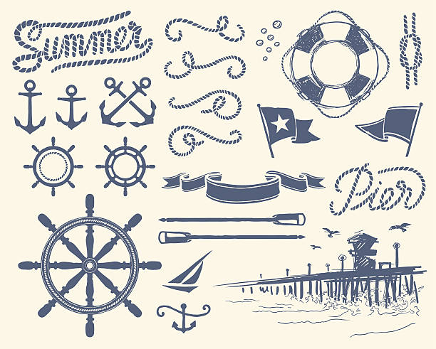 illustrations, cliparts, dessins animés et icônes de ensemble nautique vintage - anchored