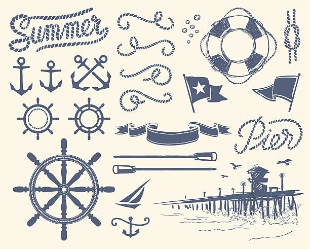 Vintage nautical set Set of isolated nautical items bay of water illustrations stock illustrations