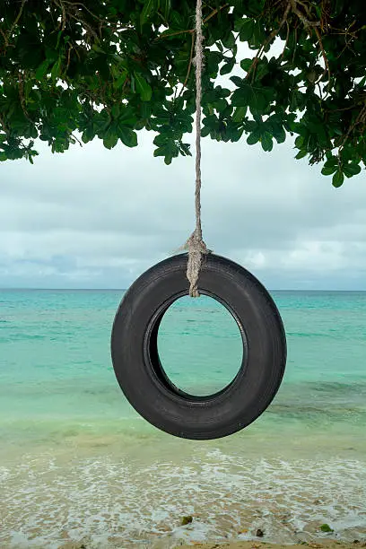 An old tire swing in the south pacific hangs from a tree on a beautiful tropical beach.