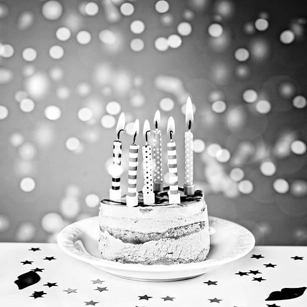 istock Birthday cake with burning candles, flickering defocused lights, retro style 476986602