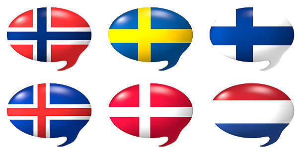 Six speech balloons with the design of the flags of Norway,Sweden,Denmark,Finland,Iceland,Netherlands