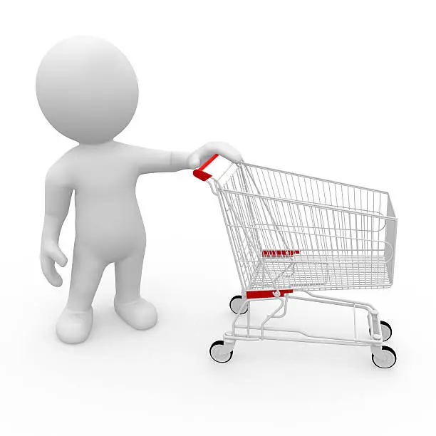 A 3D figure while shopping pushes an empty shopping cart