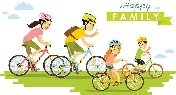 ilustraciones, imágenes clip art, dibujos animados e iconos de stock de familia feliz, montar bicicletas aislado sobre fondo blanco estilo plano - vector fun family healthy lifestyle