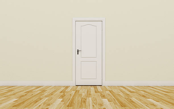 istock Closed White Door on brown Wall, Wood Floor 476996322