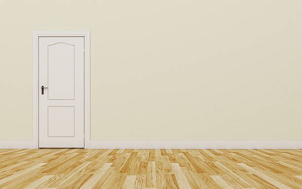istock Closed White Door on brown Wall, Wood Floor 476996380