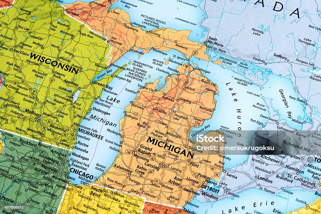 Map of Michigan State in USA Map of Michigan State in USA. Detail from the World Map. Map Stock Photo