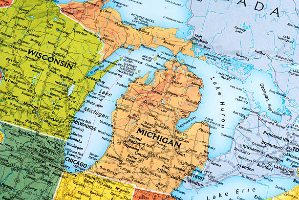 Map of Michigan State in USA Map of Michigan State in USA. Detail from the World Map. wisconsin state capitol photos stock pictures, royalty-free photos & images