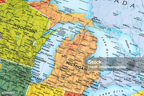 Map Of Michigan State In Usa Stock Photo - Download Image Now - Map, Lake Michigan, Chicago - Illinois