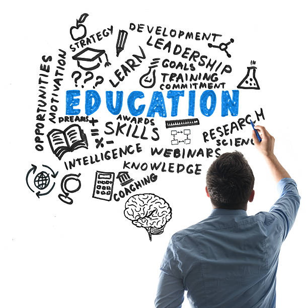 Education Man in blue business shirt explaining on whiteboard the benefits of the Education, word cloud photos stock pictures, royalty-free photos & images