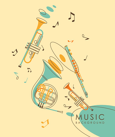 Background with wind musical instruments French horn, flute and trumpet in vintage sketch style