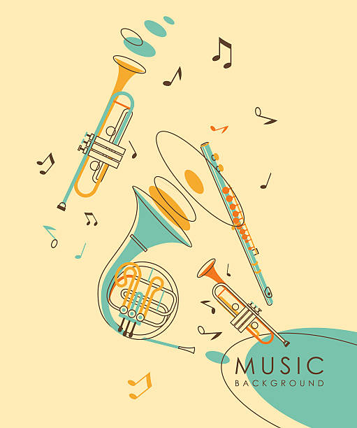 Vintage abstract musical background Background with wind musical instruments French horn, flute and trumpet in vintage sketch style musical instrument illustrations stock illustrations