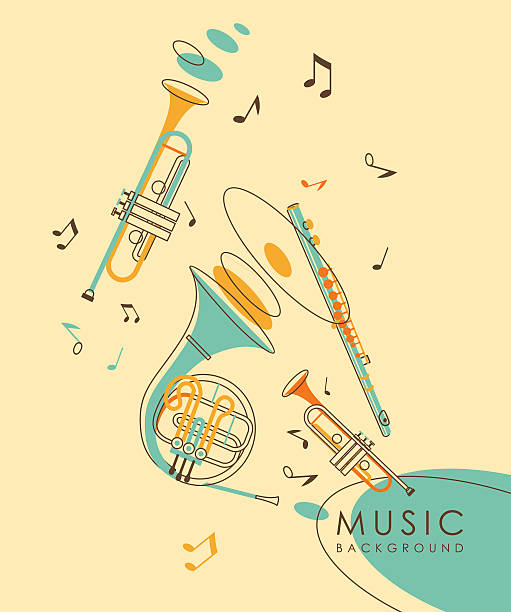 Vintage abstract musical background Background with wind musical instruments French horn, flute and trumpet in vintage sketch style trumpet stock illustrations