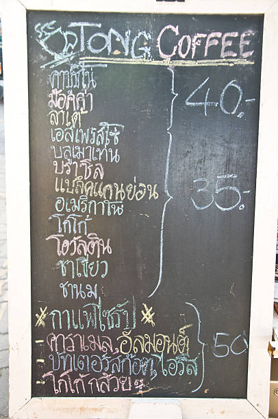 istock Classic menu in front of coffee, chalk on black board 477009130