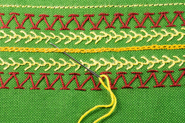 istock Embroidery, sewing needle, green linen 477010122