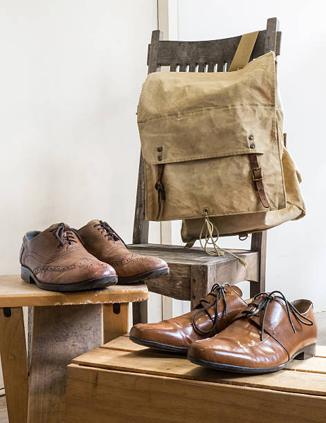 istock Vintage male accessories.Backpack bag and leather shoes. 477010154