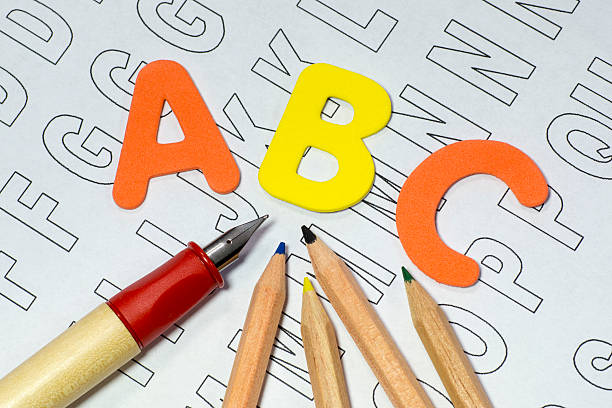 istock ABC letters, coloured pencils and pen on paper 477010628