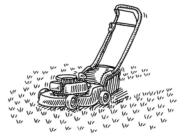 Lawn Mower Gardening Drawing Hand-drawn vector drawing of a Lawn Mower, Gardening Work. Black-and-White sketch on a transparent background (.eps-file). Included files are EPS (v10) and Hi-Res JPG. lawn mower clip art stock illustrations